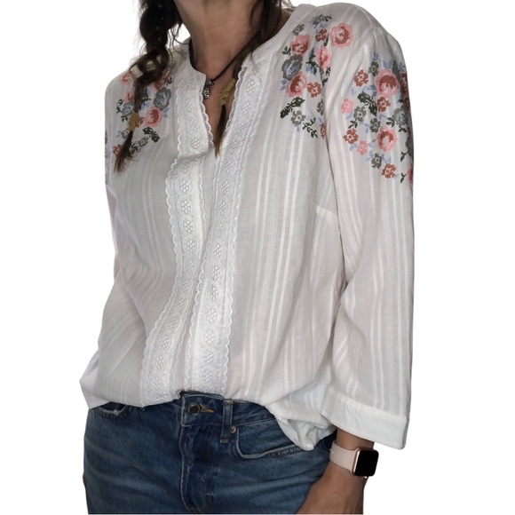 Westport Tops - Westport L Blouse Top Cotton Crochet Needlepoint Floral Crochet Boho 3/4 Sleeve